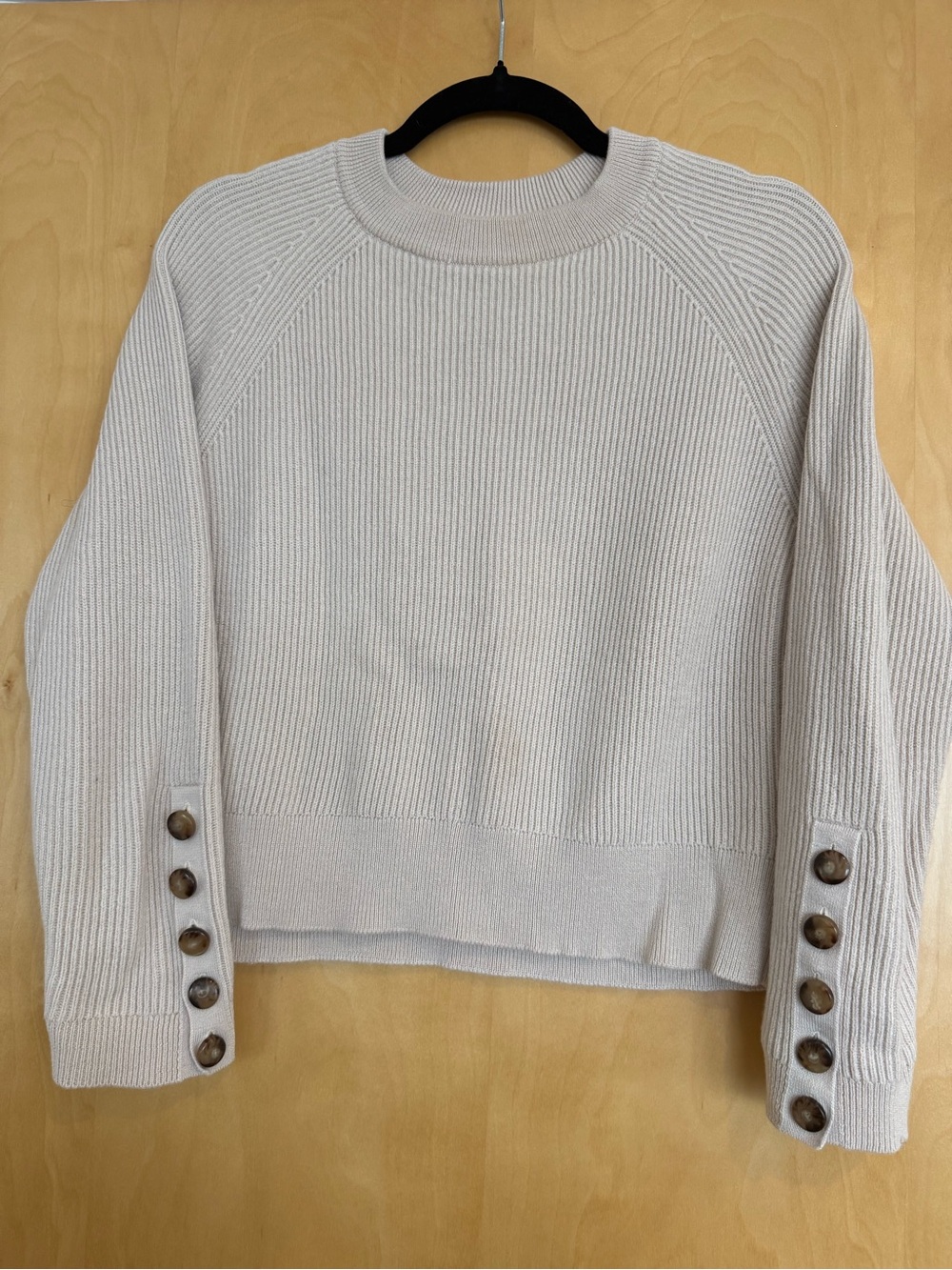 Sézane Crewneck Ribbed Sweater with Button Cuff - Cream